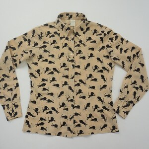 Vintage Print Shirt 1970s | Beige Cotton Lions Print Blouse | Big Retro Collar | France | S image 2