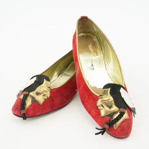 Enzo of Roma Vintage Ballerina Shoes 1990s | Red Suede & Gold Leather Flat Slip-Ons | Indian Chief Motif | Enzo Albanese | EU39/UK5.5/US7