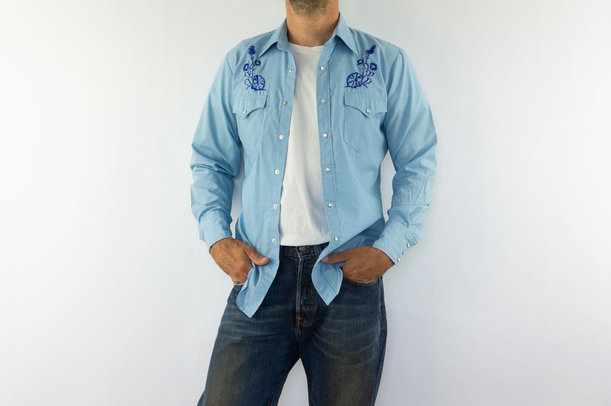 トップス 70's Stitching Shambray Western Shirts Medium 70s Chambray Quilted Photo Print Western Shirt