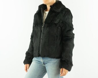 Vintage Fur Jacket 1970s | Black Rabbit Coat | Zip Closure Shirt Collar | Italy | M