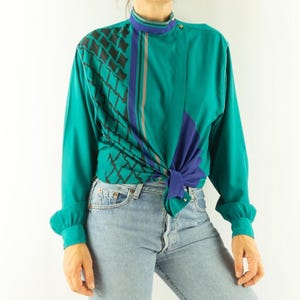 Mario Pucci Cecconi | Vintage Graphic Blouse 1980s | Green, Purple & Black Geometric Print | Chic High Neck | Made in Italy | Size L/XL