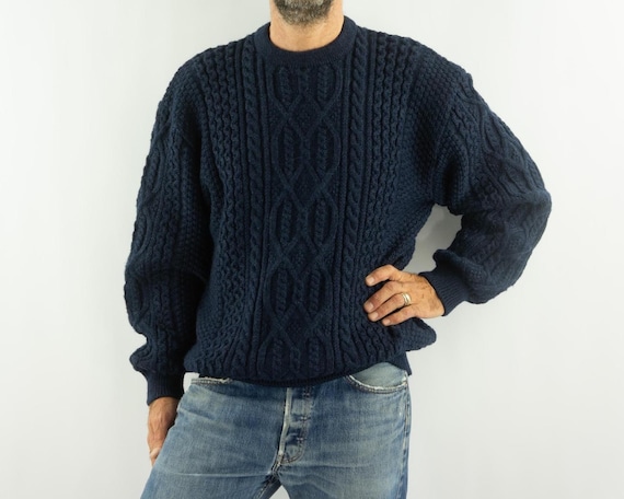 Saint James, Vintage Saint James Fisherman Sweater 1980s | Navy Cable Knit Wool | Made in France | M
