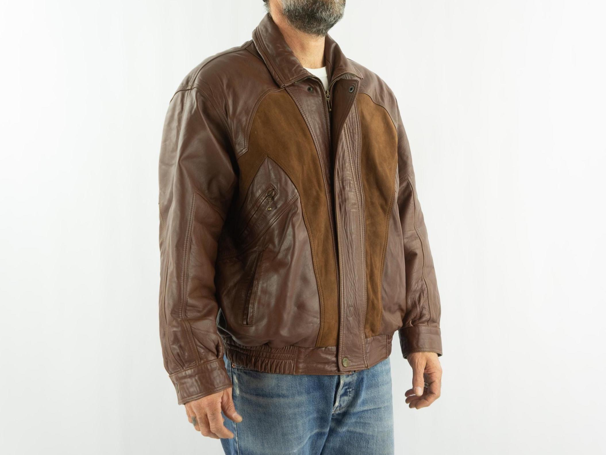 Vintage Brown Leather Bomber Jacket 1980s | Smooth & Suede Panels