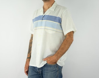 Vintage Striped Shirt 1980s | Cuban Collar, Retro Casual | France | S/M