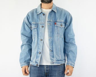 Chaqueta vaquera vintage de los años 90 / Azul claro, talla grande, algodón, XL