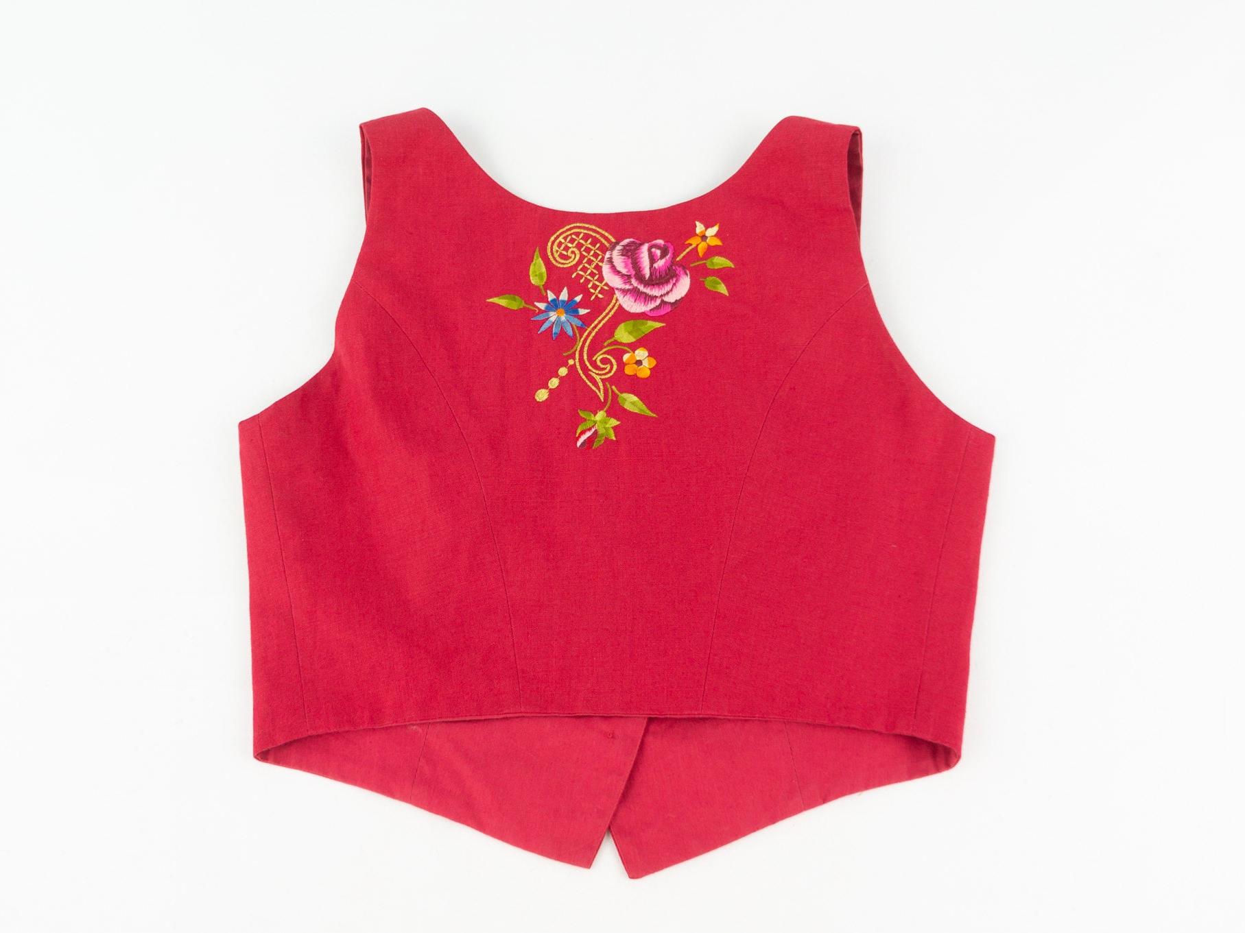 Vintage Kenzo Linen Vest 1980s | Short Red Floral Embroidered