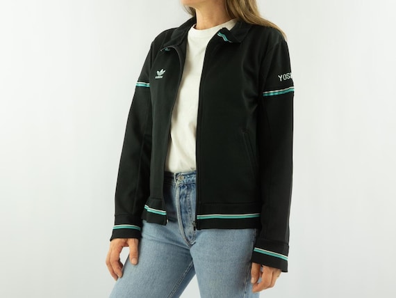 Vintage Adidas Track Jacket 1980s | Black, Turquoise Stripes 