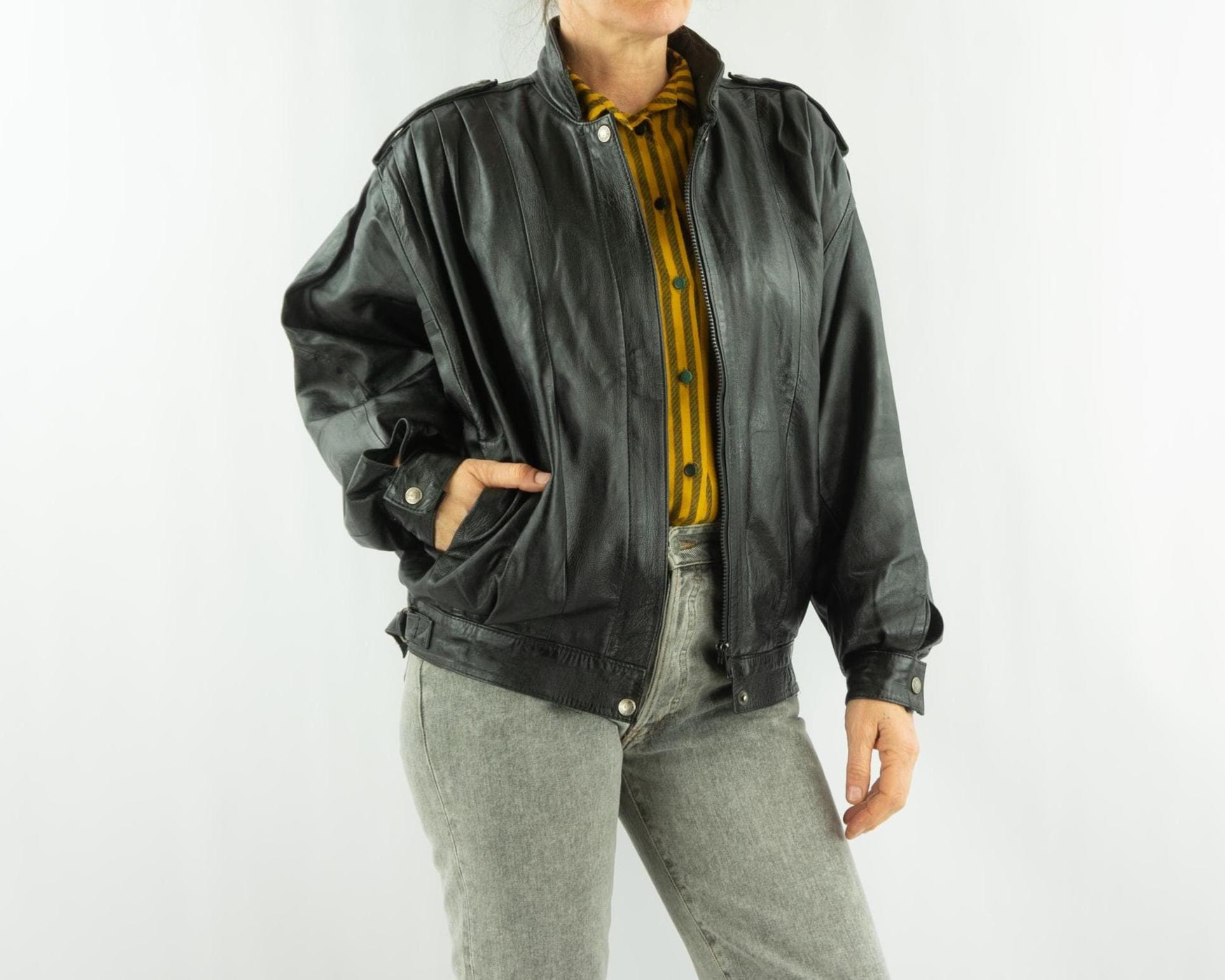 Vintage Leather Jacket 1980s | Black Cropped Bomber With Batwing