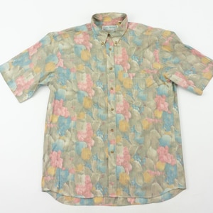 Vintage Print Shirt 1980/90s | Abstract Crazy Pattern Shirt Gray Pastel Colors Straight Cut | Short Sleeve Retro Button Down Summer | Size M