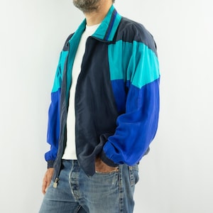 Vintage Givenchy Silk Jacket 1980s | Navy Blue Bomber Blue Green Panels | Nos | L