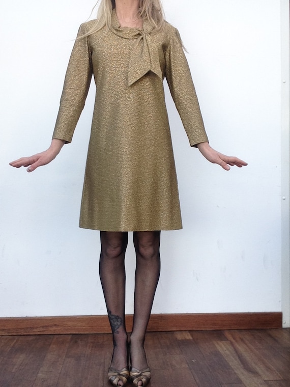 Vintage Trapeze Dress 1960s Shiny A-line Dress Twiggy/mod Long Sleeves  Metallic Gold 60s Evening Dress Made in France Size M -  Norway