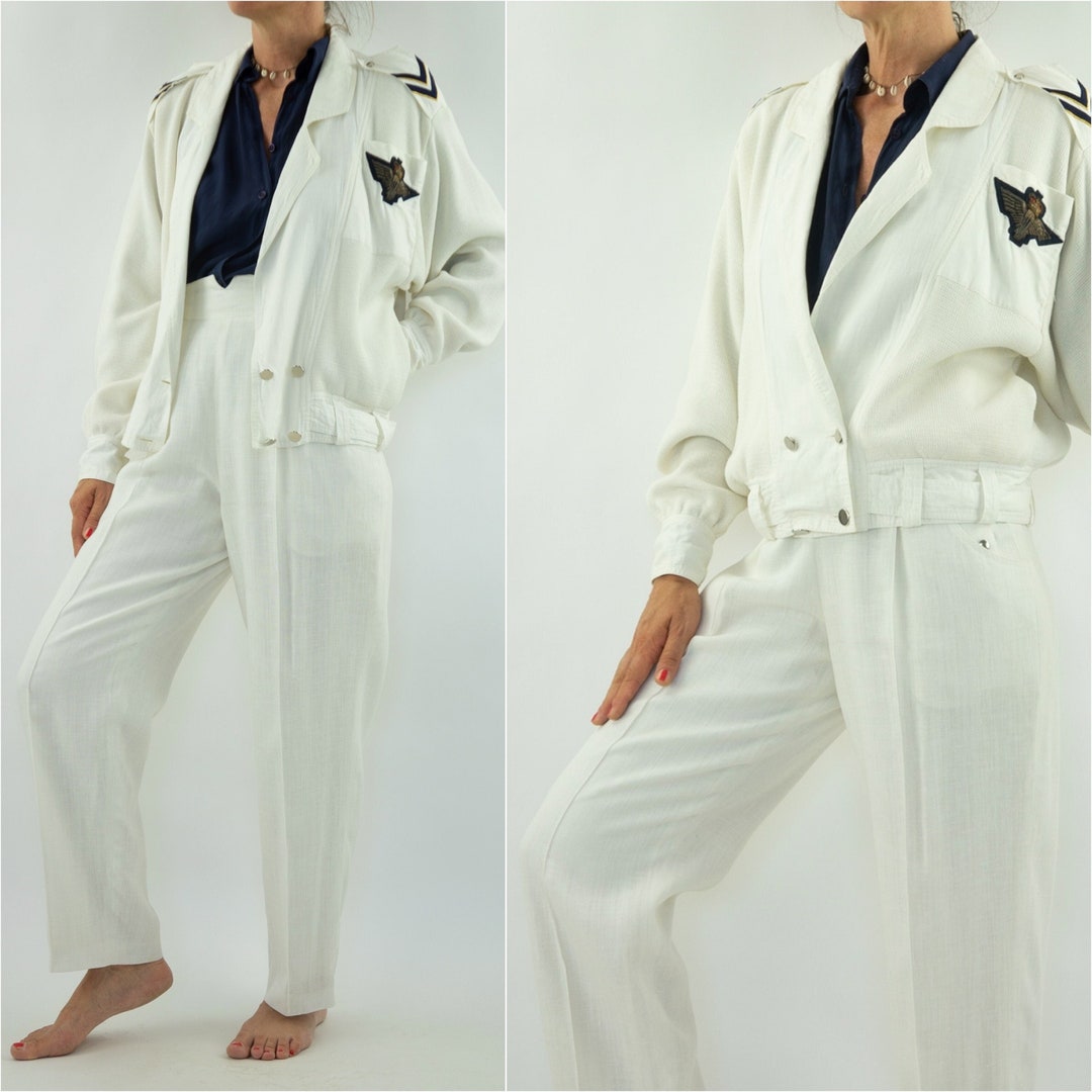 Vintage Pants Suit Set 1980s White Jacket/pants Cotton/linen Knit Suit