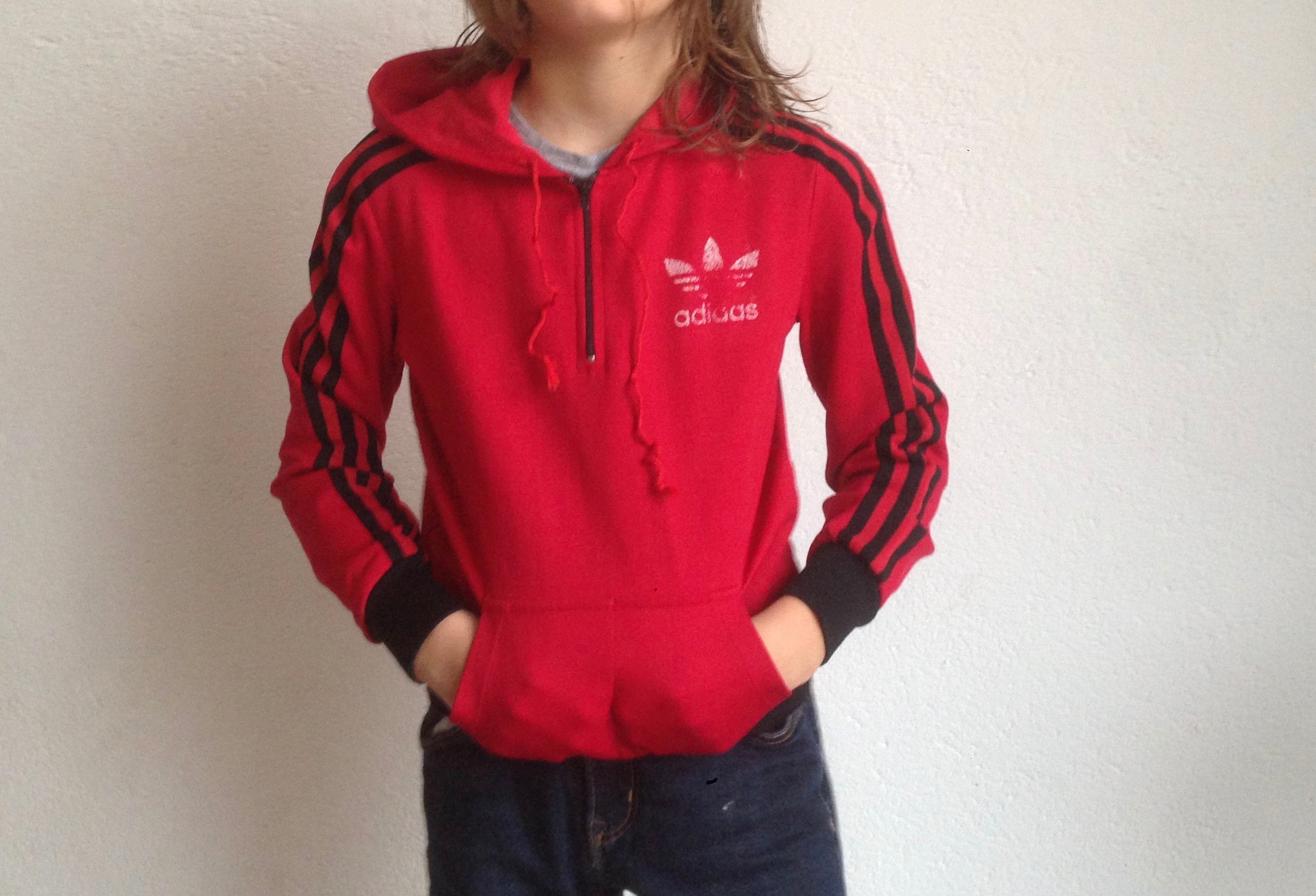 Adidas Vintage Hoodie 1970s Red Jumper With Black Stripes Kangaroo