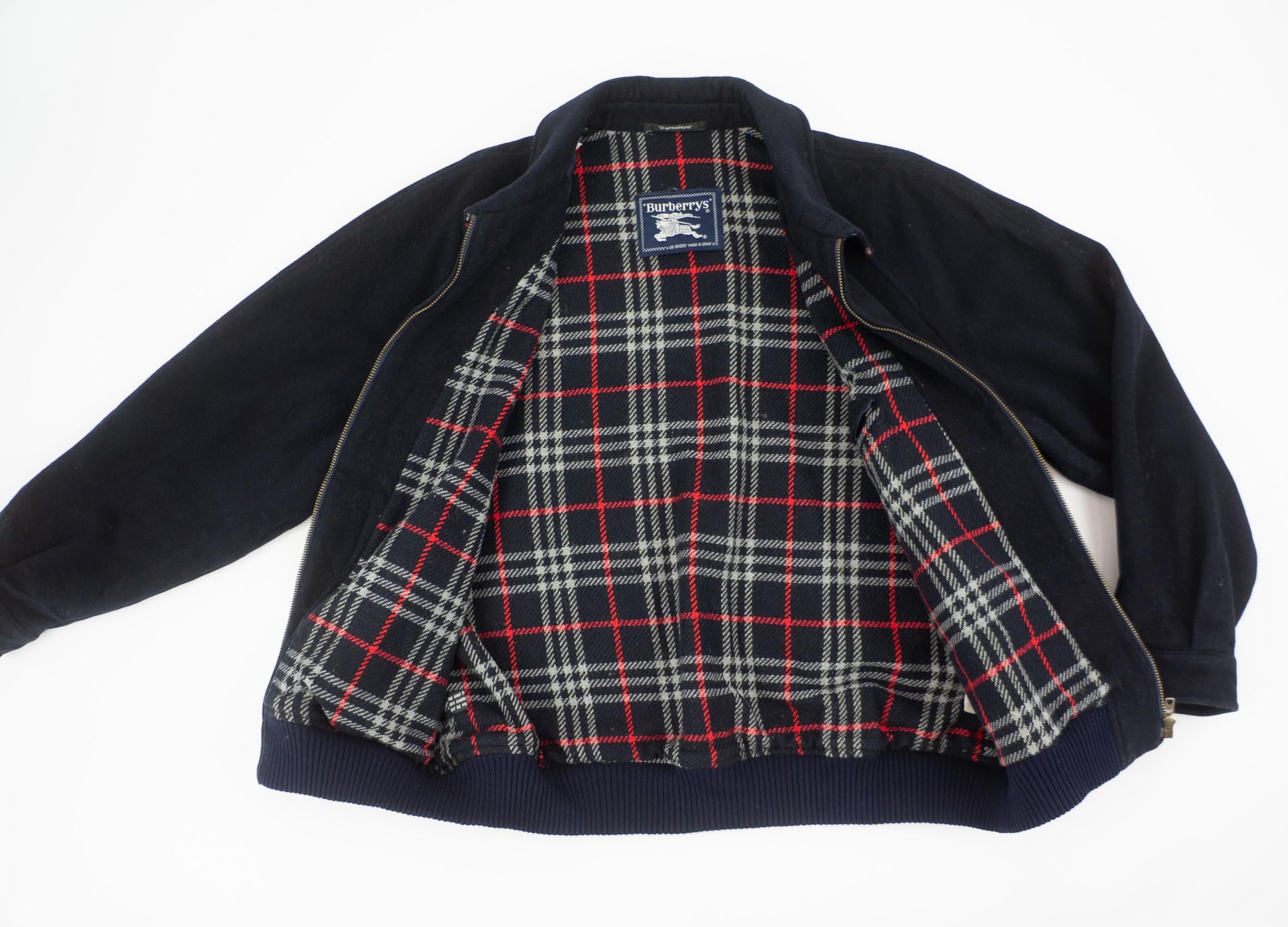 Vintage Burberrys Wool Jacket 1980s | Navy Blue Zip Bomber, Tartan