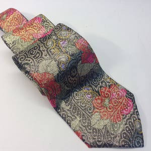 Paco Rabanne Vintage Silk Tie 1980s | Shiny Floral & Paisley Pattern | Red Gold Green on Black | Elegant Statement Neckwear | NOS | Italy