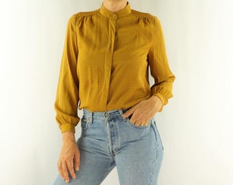 Blusa vintage de los años 80 / Estampado gráfico amarillo mostaza / Cuello mandarín con botones ocultos / Retro / M