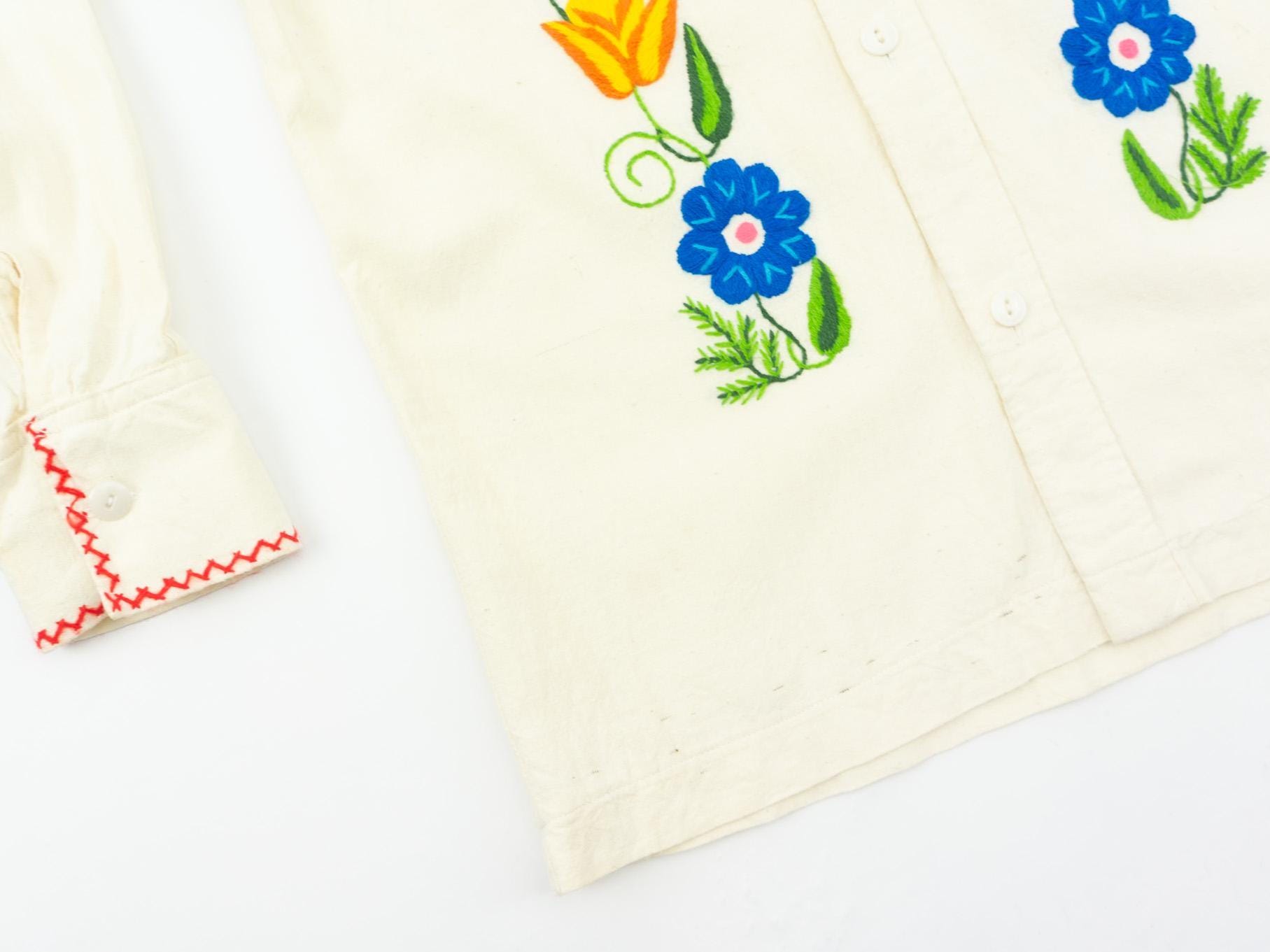 Vintage Embroidered Blouse 1970s | Cream Cotton Shirt Colorful