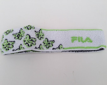 Vintage Fila Tennis Headband 1980s | White Sweatband Green Floral | Retro | NOS | Italy