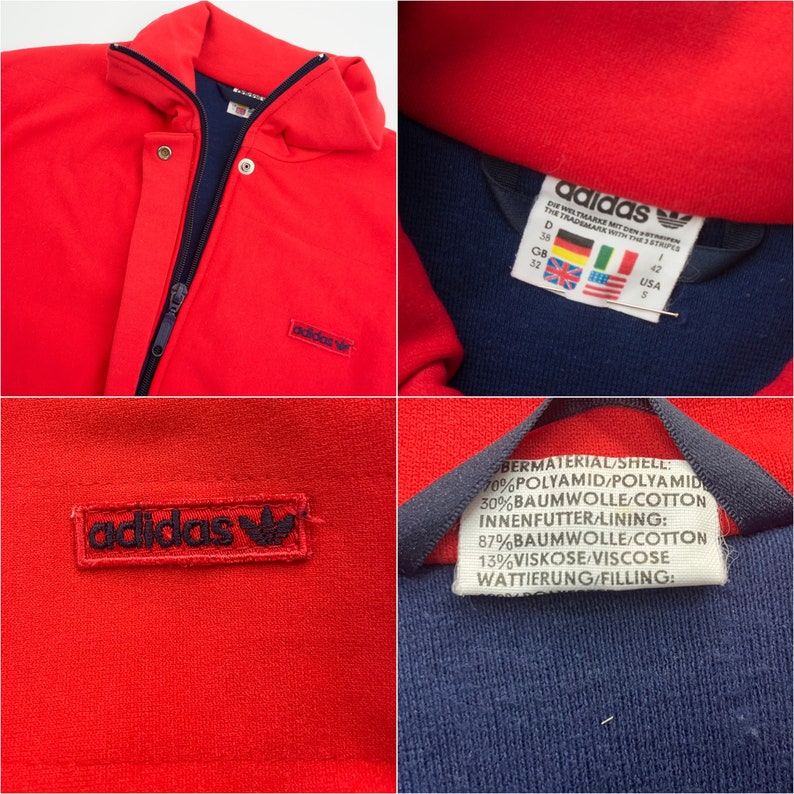 Adidas Veste de Survêtement Vintage 1980s Veste de Sport Bicolore Rouge/Bleu Marine Matelassé Made in Finlande Taille S image 9