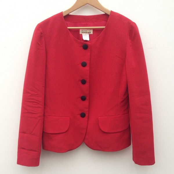 Georges Rech | Blazer Vintage | 1980s | Veste de Costume Brillante | Blazer Rouge/Boutons Noirs | Veste Cintrée | Made in France | Taille M