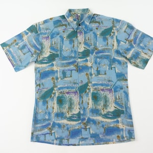 Vintage Print Shirt 1980/90s | Blue Abstract Pattern Button Up | Short Sleeve Loose Fit | Oversize Crazy Shirt | Size M