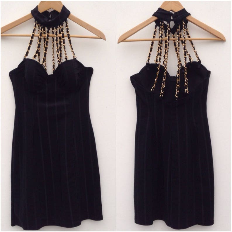 Vintage Bodycon Dress 1980s Black Dress with Gold Chains Neckholder Dress Evening Dress Padded Cups Made in France Size S image 7