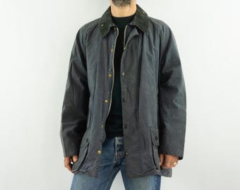 Barbour Beaufort Veste Vintage 1980/90s | Toile Huilée Bleu Foncé | Col Velours | Made in England | L/XL