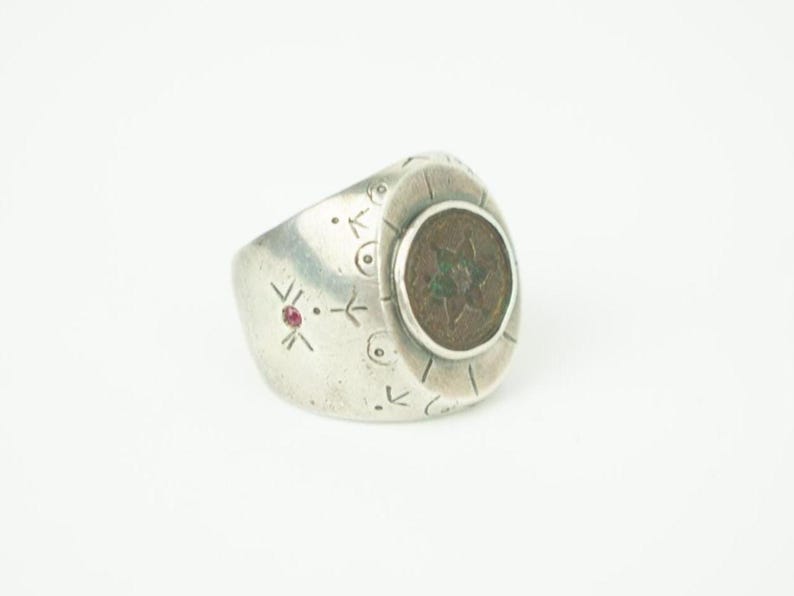 Antic Button Signet Ring | Sterling Silver Rubys | Solid Handmade ...