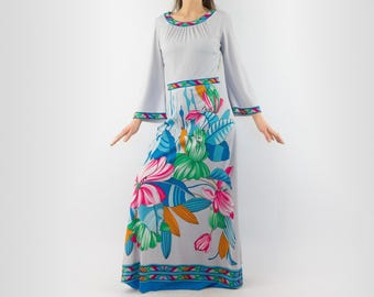 Vintage Floral Maxi Dress 1970s | Bell Sleeve Evening Dress | Made in Germany | M
