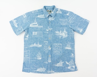 Camisa havaiana vintage dos anos 80 | Estampa náutica azul estilo Aloha, rockabilly | EUA | M