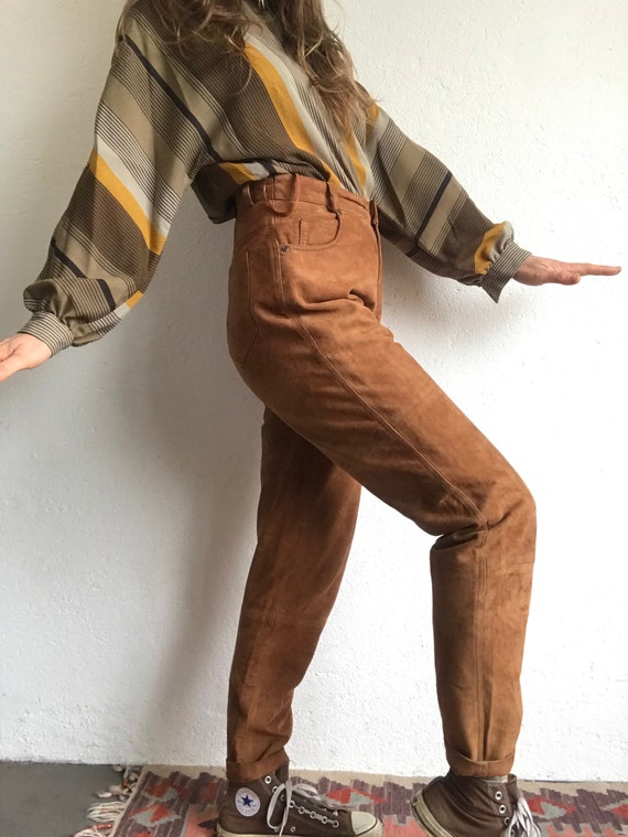 Vintage Suede Pants 1980s Tan Leather Pants Tapered High Waist