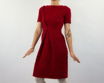 Vestido vintage de tweed años 50 / Lana bouclé roja / Manga corta / Midi de invierno / Francia / Talla S