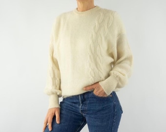 Vintage Alpaca Cable Knit Sweater | Beige Wool Jumper, Batwing Sleeves | Spain | M