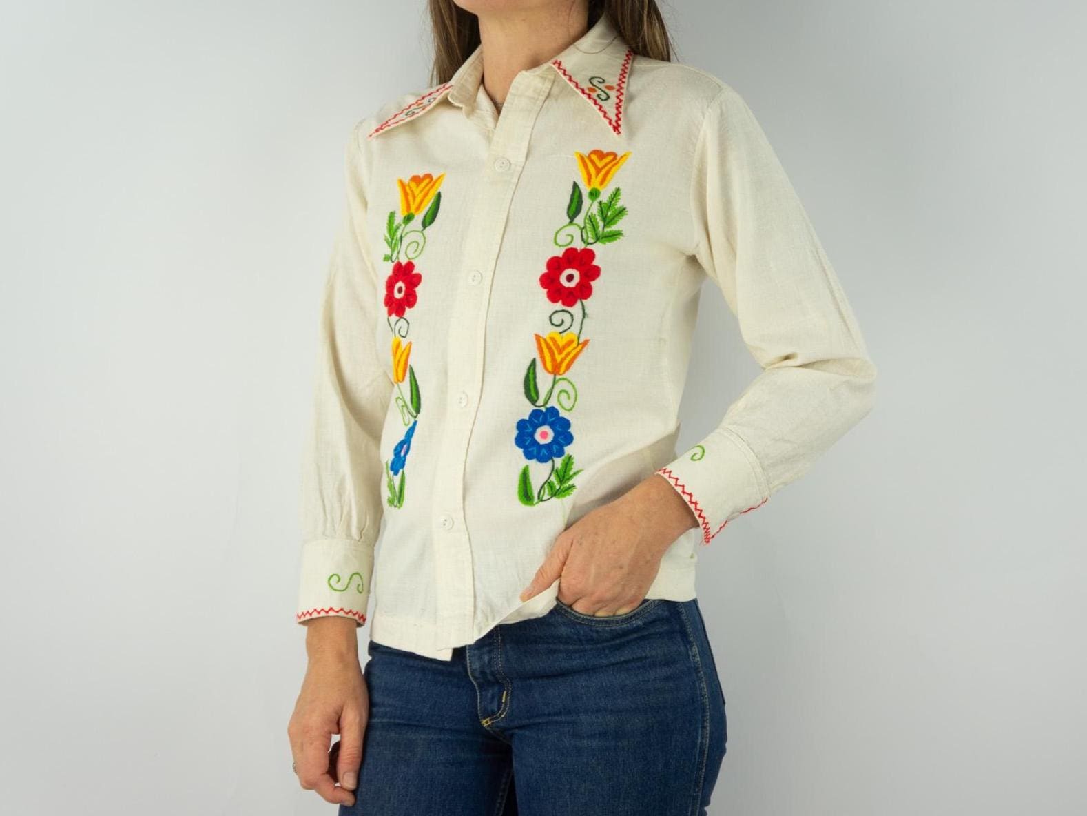 Vintage Embroidered Blouse 1970s | Cream Cotton Shirt Colorful Vintage Embroidered Blouse 1970s | Cream Cotton Shirt Colorful