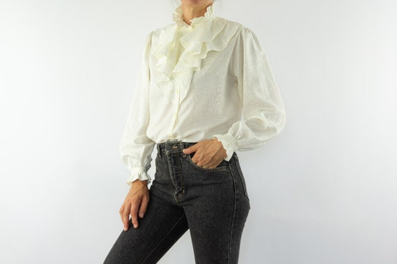 Vintage Ruffle Blouse | 1980s | Ivory Jabot Blous… - image 3