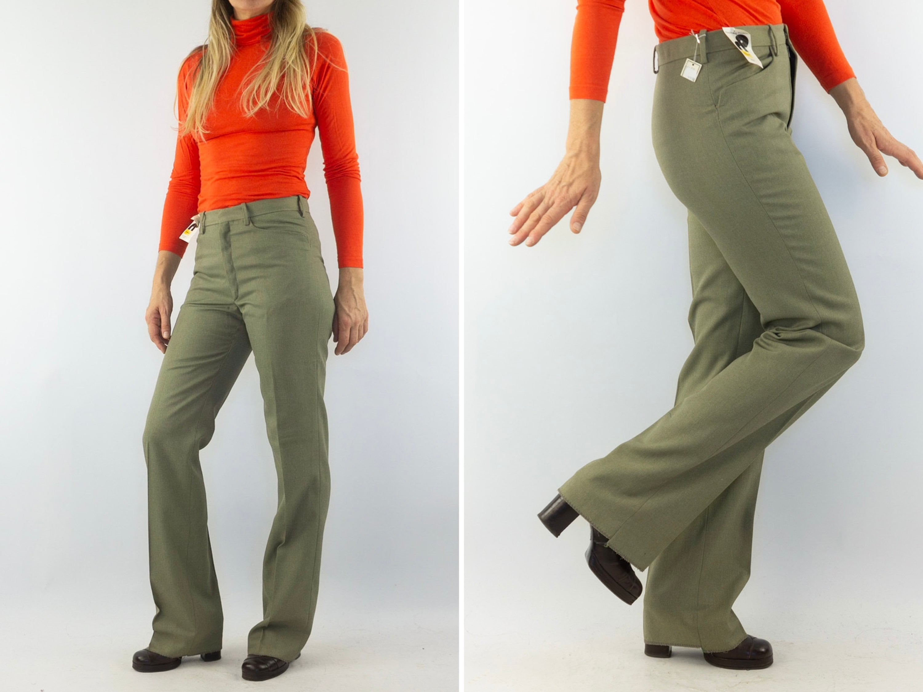 Pantalones vintage para mujer Anos 60 Pantalones de cintura alta Tergal verde claro Pliegues permanentes Piernas acampanadas Fabricados en Francia NOS Talla S Etsy Mexico