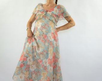 Vintage Floral Dress 1970s | Romantic Evening Gown, Pastel Ruffle Maxi Dress | France | M