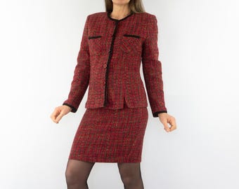 Jacqueline Riu Vintage Tweed Set 1980s | Wool Check Jacket & Pencil Skirt | Secretary Style | France | M