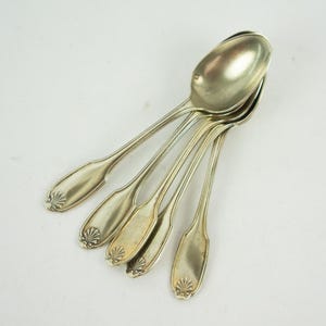 May include: A set of five silver-toned metal spoons arranged in a fan pattern. Each spoon features a smooth, elongated handle that terminates in a decorative shell motif at the base. The bowls of the spoons are oval-shaped with a polished finish.