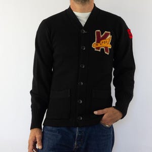 Sand Knit Cardigan Vintage 50s | Gilet Universitaire Letterman Laine | Stadium Cardigan Patchs | USA | S/M