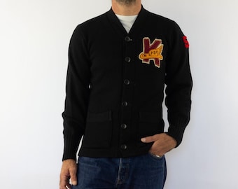 Cárdigan vintage de lana color arena de los años 50 / Suéter universitario estilo Letterman para estadios, con parches / EE. UU. / Talla S/M