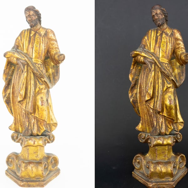 Statue Religieuse Antique | 1800s | Sculpture en Bois Sculpté Doré | Saint Martin | Décor d'Eglise | Objet de Culte | Made in Spain