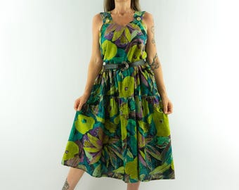 Vestido vintage Gérard Pasquier de los años 80 / Vestido de verano ancho sin mangas con estampado floral verde / Francia / Talla M
