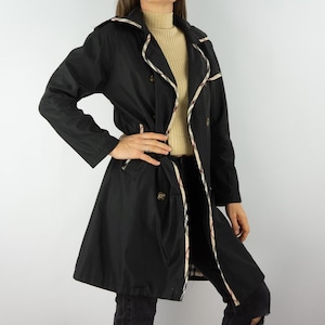 Burberry | Vintage Trench Coat 1990s | Classic Black Raincoat Mid-Length | Nova Check Lining | Waterproof Overcoat | Made in UK | Size M