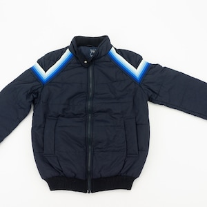 May include: A navy blue puffer jacket with a zipper closure and a white and blue chevron design on the shoulders.
