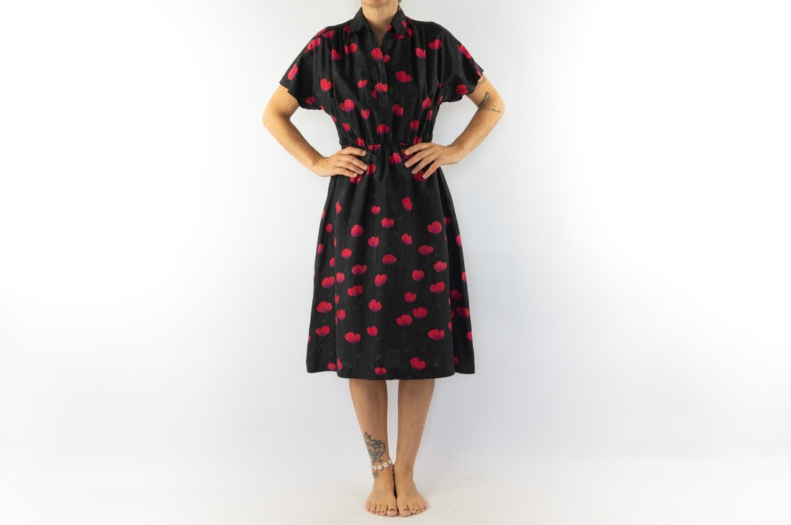 Vintage Floral Silk Shirt Dress 1950s | Red Poppy Print | Made in France | Size S, Foto 3 von 5