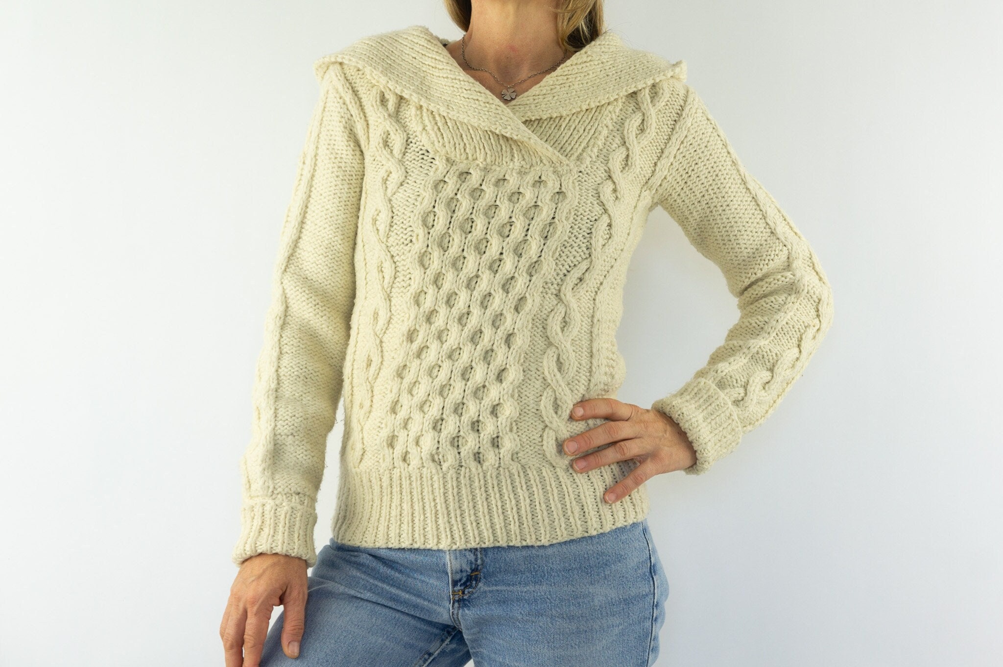 Vintage Fisherman Sweater 1980s | Hooded Irish Cable Knit Pullover 