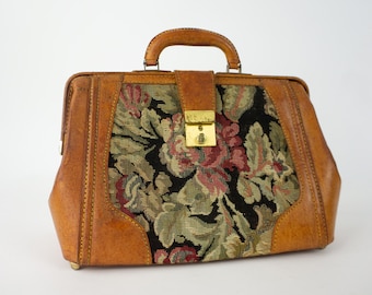 Vintage Carpet Leather Bag | 1970s | Doctor Bag with Floral Tapestry | Small Weekender Bag | Tan/Black | Mary Poppins Bag | Made in France