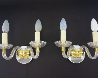 Vintage Glass Wall Sconces 1950s | Art Deco Brass | Murano Style | France