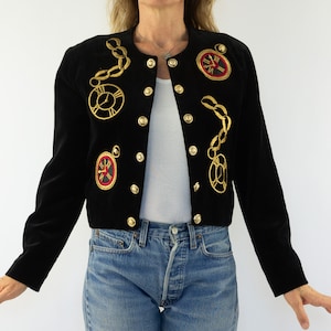 Vintage Velvet Jacket | 1980s | Black Jacket with Clock Pattern | Gold Embroidery | Short Blazer | 80s Fashion | Made in France | Size S